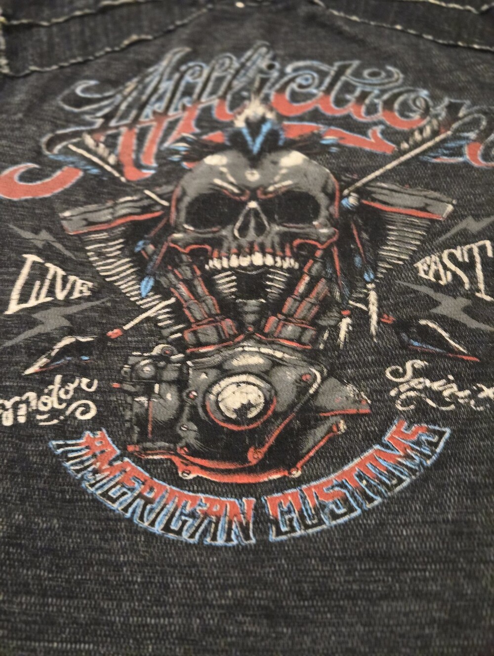 Affliction Black Graphic Skull & Engine Tee with Red and Blue Accents
